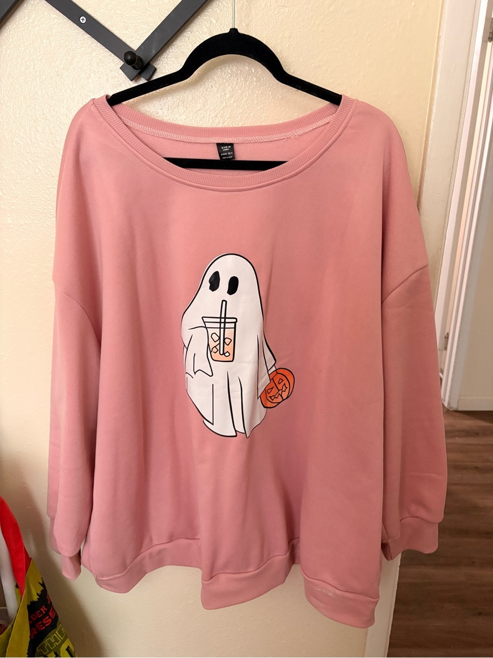 SHEIN Pink Ghost Graphic Scoop-Neck Sweatshirt